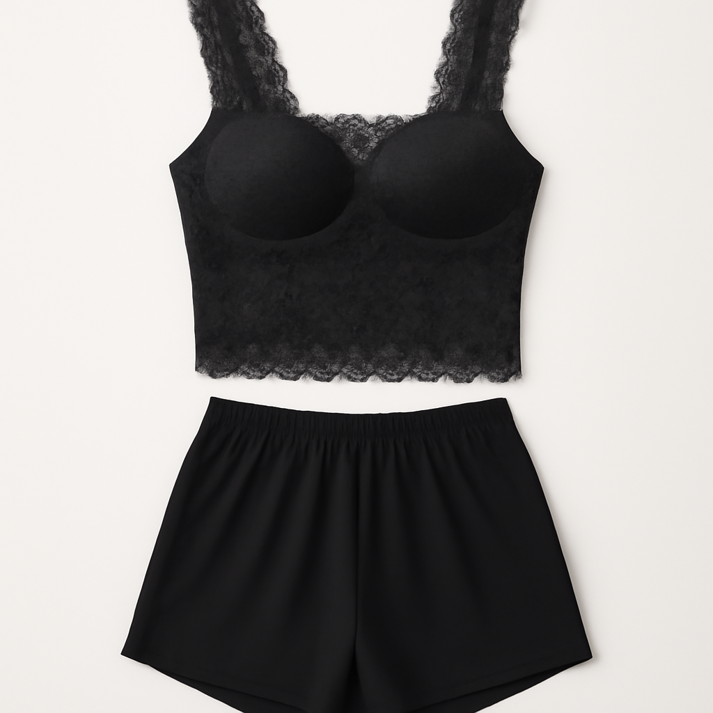 Womens Lace Top With Built-in Padded Bra And Shorts Set