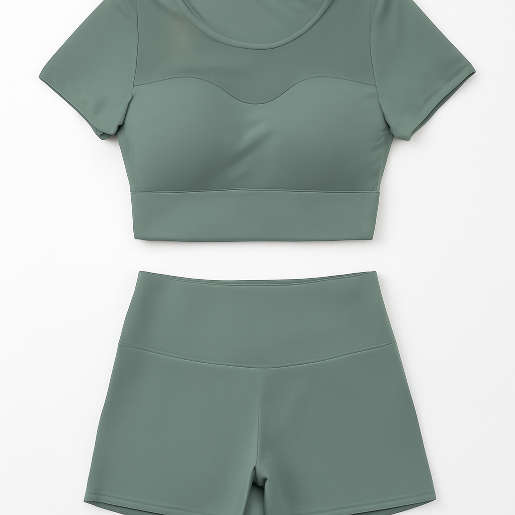 New Summer 2-Piece Yoga Outfit, Sports Short Sleeve Top With Built-in Bra Pads, Elegant Mesh Pilates Fitness Top